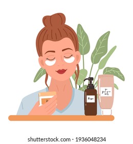 Young woman with a patches under the eyes and natural cosmetics products in bottles and jars for skin care. Skincare, treatment, relaxation, home spa. Skincare routine. Vector illustration.