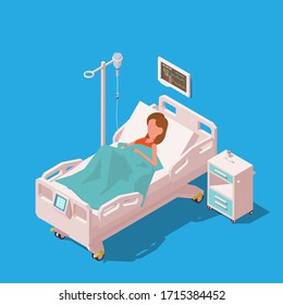 Young Woman Patient In Hospital Bed With Medical Equipments. Vector Isometric Illustration.