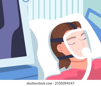 Young Woman Patient in Hospital Lying on Bed with Mask Having Artificial Lung Ventilation Being in Critical Condition Vector Illustration