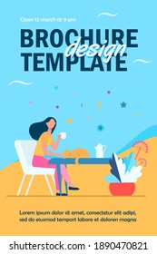 Young woman patting red cat while drinking tea. Coffee break, morning, pet flat vector illustration. Cozy home, hot drink, autumn concept for banner, website design or landing web page