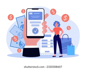 Mujer joven pagando la factura en línea ilustración de vector. Cliente que utiliza servicios bancarios móviles y transacciones durante las compras. Recepción electrónica, concepto de pago sin efectivo