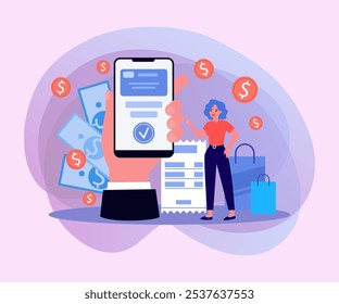 Young woman paying invoice online vector illustration. Customer using mobile banking services and transactions during shopping. Electronic receipt, cashless payment concept
