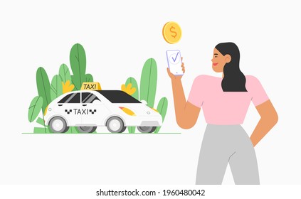 Una joven mujer está pagando un auto de taxi en línea en el smartphone. Pedidos online de taxi o pago sin efectivo en la aplicación móvil.