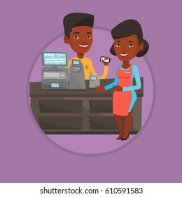 Young woman paying wireless with her smartphone at the supermarket checkout. Customer making payment for purchase with smartphone. Vector flat design illustration in the circle isolated on background.