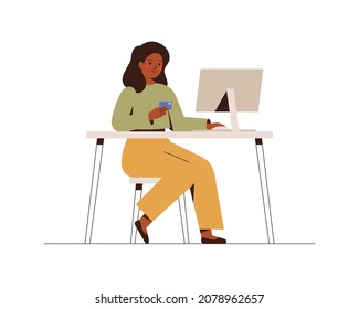 Young woman pays with bank card for her purchases through the Internet.  African American female uses a system of online payments. E-commerce and online shopping concept. Vector illustration