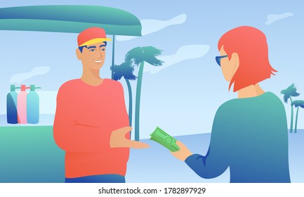 Young woman pays cash to the ice cream vendor. A man in a cap accepts a cash payment next to an ice cream kiosk.