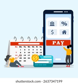 Young woman pays regular fees online and other woman makes notice in calendar. Keep up with online monthly payments concept.