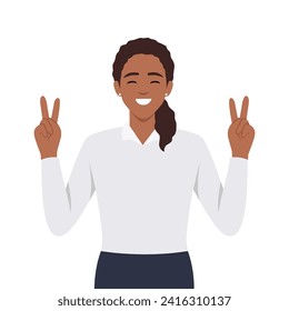 Young woman with peace signs. sign language gesticulation, peace gesture. Good mood, gladness joyfulness and positive emotion concept. Flat vector illustration isolated on white background