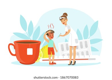 Young Woman Pediatrician Giving Antifebrile Medicine to Little Boy with Fever with Floral Leaf Backdrop Vector Illustration