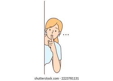 Young woman peek behind wall show hush hand gesture. Millennial girl ask be quite or silent. Secrecy and hidden information. Vector illustration. 