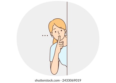 Young woman peek behind wall show hush hand gesture. Millennial girl ask be quite or silent. Secrecy and hidden information. Vector illustration.