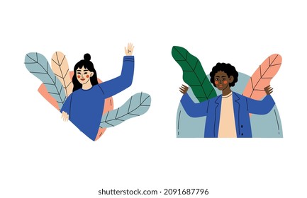 Young Woman Peeking Out of Window with Flora Vector Set