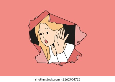 Young woman peep through paper hole hold hand near ear hearing gossips and secrets. Curious girl excited about secret hidden information and news. Censorship and rumors. Vector illustration. 