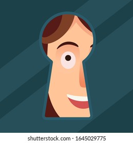 A young woman peeps through a keyhole, peeping and peeking. Invade in privacy life, spy and surveillance. Curious woman, concept. Vector illustration, flat design, cartoon style.