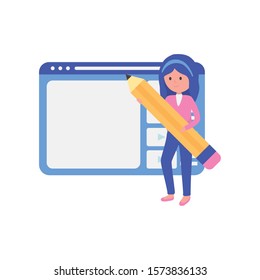 young woman with pencil website education learning online vector illustration