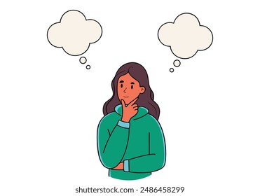 Mujer joven pensativa pensativa confusa dudosa mujer niña personaje de dibujos animados de pie y elegir entre dos maneras. Ilustraciones de diseño de Vector dibujado a mano.