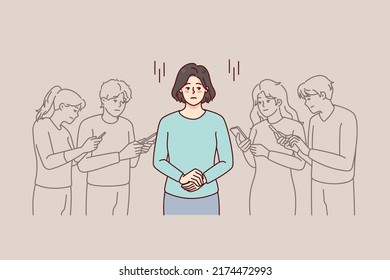 Young woman in people crowd using cellphone feeling lonely and isolated. Unhappy frustrated female separated from group with smartphones. Gadget addiction. Vector illustration. 