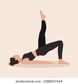 Young woman perfoming  Bridge Pose Variation Bound Hands, one Leg up and demonstrating yoga asana Setubandha Sarvangasana Variation Baddha Hasta on light background. Flat vector illustration.