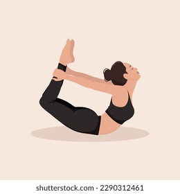 Young woman perfoming yoga exercise Bow Pose and demonstrating yoga asana Dhanurasana on light background. Flat vector illustration