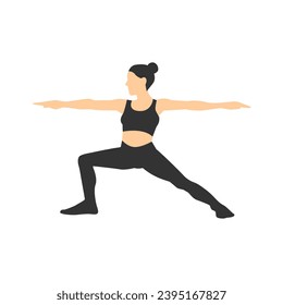 Young woman perfoming yoga exercise Warrior Pose, and demonstrating yoga asana Virabhadrasana on light background. Flat vector illustration