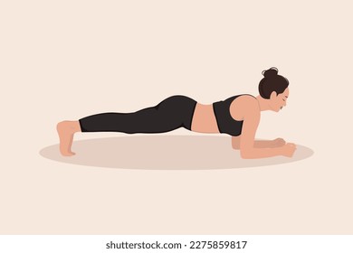 Young woman perfoming yoga exercises and demonstrating yoga asana on light background. Flat vector illustration.