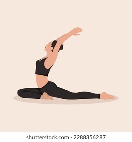Young woman perfoming yoga exercises Half Pigeon Pose, and demonstrating yoga asana Ardha Kapotasana on light background. Flat vector illustration