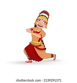 Young Woman Performing Bharatnatym Dance In Traditional Attire On White Background.