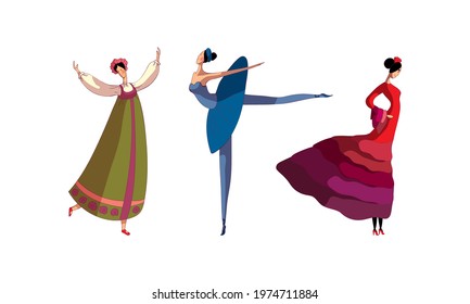 Young Woman Performing Different Folk Dances Moving Gracefully Vector Set
