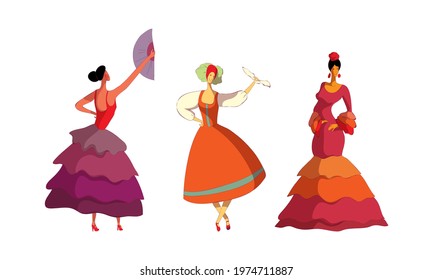 Young Woman Performing Different Folk Dances Moving Gracefully Vector Set