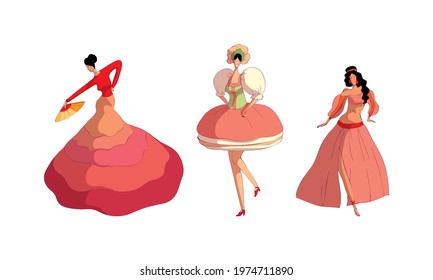Young Woman Performing Different Folk Dances Moving Gracefully Vector Set