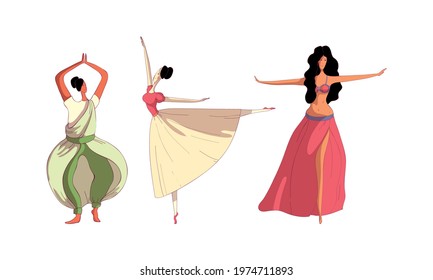 Young Woman Performing Different Folk Dances Moving Gracefully Vector Set