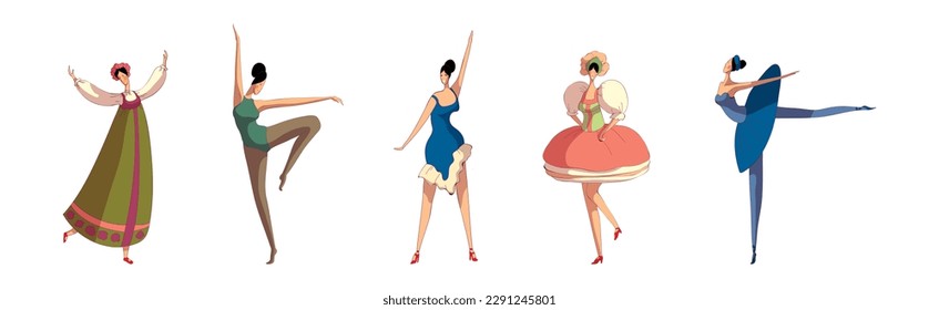 Young Woman Performing Different Folk Dances Moving Gracefully Vector Set