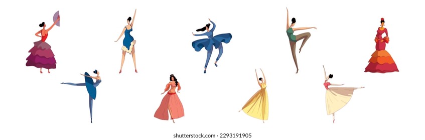 Young Woman Performing Different Folk Dances Moving Gracefully Vector Set