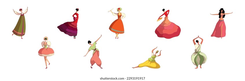 Young Woman Performing Different Folk Dances Moving Gracefully Vector Set