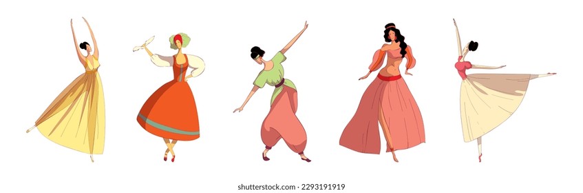 Young Woman Performing Different Folk Dances Moving Gracefully Vector Set