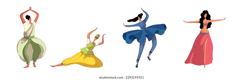 Young Woman Performing Different Folk Dances Moving Gracefully Vector Set