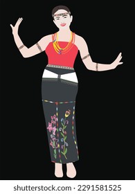A young woman performing a traditional dance wearing traditional costume adorned with colorful beads, decorations, and embroideries. It is worn during festivals and weddings