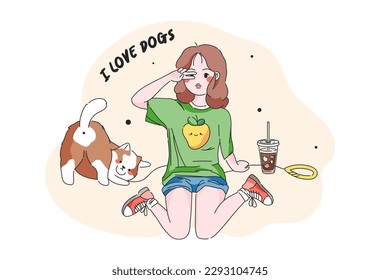 Young woman person with cute dog companion. Girl spend happy time with domestic animal. Cartoon vector isolated illustration with girl and dog.