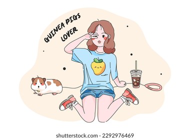 Young woman person with guinea pig companion. Girl spend happy time with domestic rodent. Cartoon cute vector isolated illustration with girl and guinea pig, hamster, rat, mouse or gerbil.