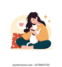 Mujer joven y mascota, estilo plano. Chica feliz sosteniendo un gato en sus brazos y mira el teléfono. Ilustración vectorial linda aislada en blanco.