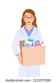 Young woman pharmacist in white coat holding paper bag with medicines and other goods bought in a pharmacy. Female drugstore seller gives the order to the buyer. Drugstore worker isolated on white