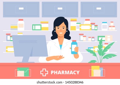 The young woman at the pharmacy shop. Great design, art concept. Medical and helthcare flat design illustration. 