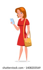 Young woman with phone flat vector illustration. Attractive girl in fashionable dress holding smartphone cartoon character. Redhead lady with purse texting message. Female student with handbag