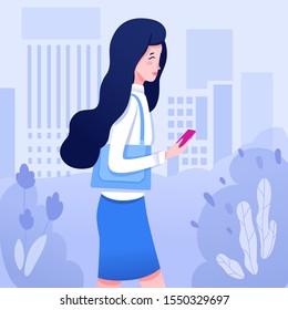 Young woman with phone flat vector illustration. Student, female entrepreneur, businesswoman cartoon character. Smiling lady in casual clothes holding smartphone. Cheerful girl surfing internet