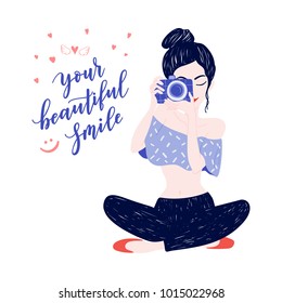 Young woman photographer with Your beautiful smile quote, hearts, camera. Vector illustration of pretty teenager girl with black hair style. Beauty logo on white background, poster, clothes print