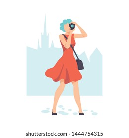 Young Woman Photographing, Girl Taking Photo with Camera Vector Illustration