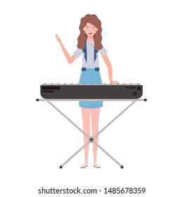 young woman with piano keyboard on white background