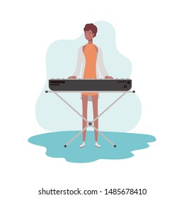 young woman with piano keyboard on white background