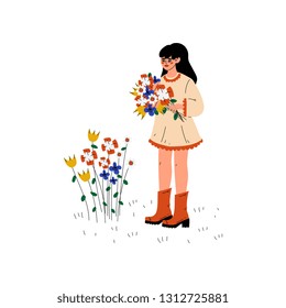 Young Woman Picking Up Flowers, Girl Working in Garden or Farm Vector Illustration
