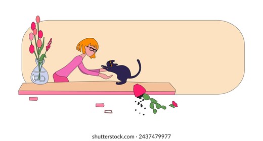 A young woman picks up a cat from the windowsill. The kitten dropped a flower pot. Scene of love and friendship between human and pet for poster. Flat vector illustration